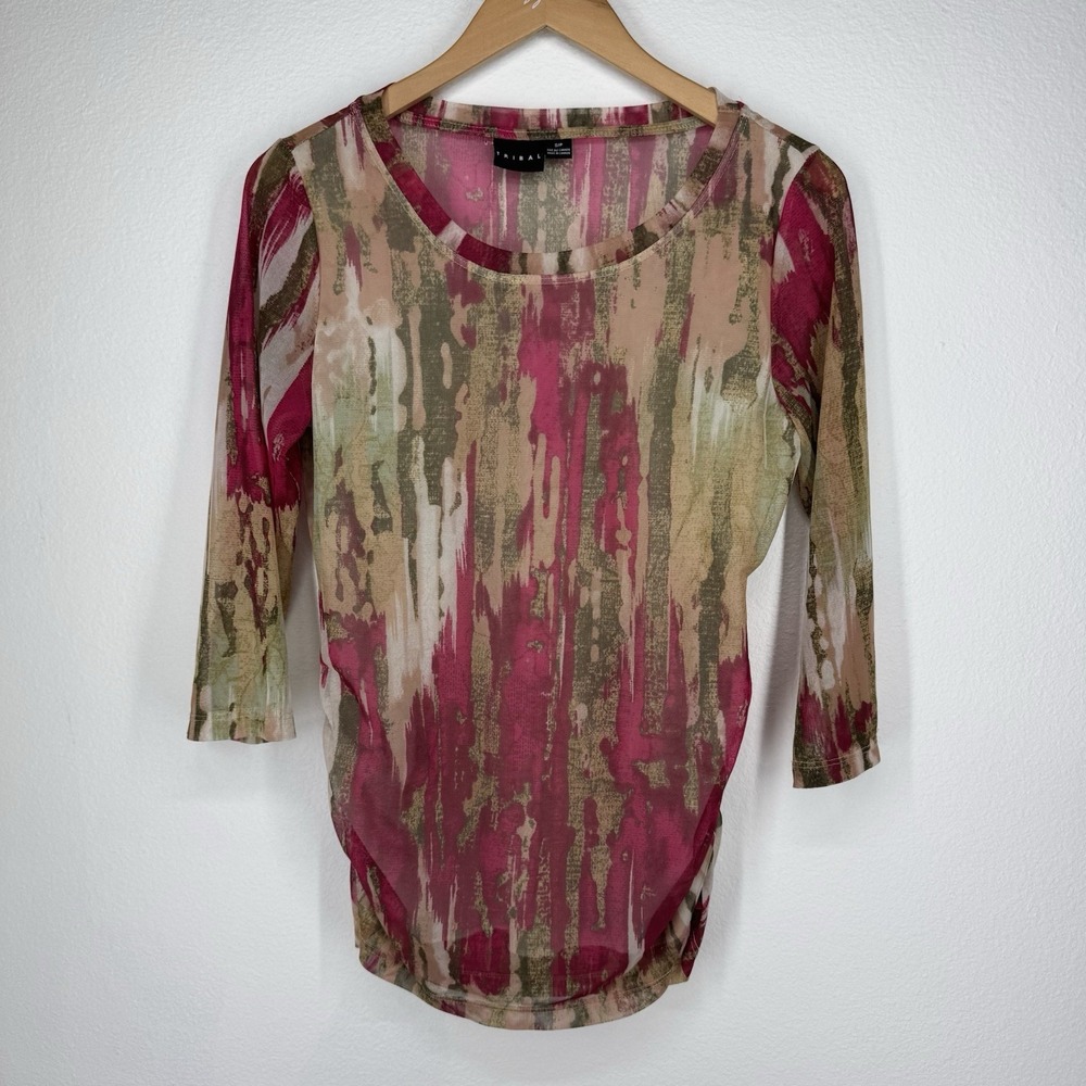 Vintage Tribal Y2k Mesh Top Womens S Vampy Grunge Sheer Long Sleeves Abstract‎